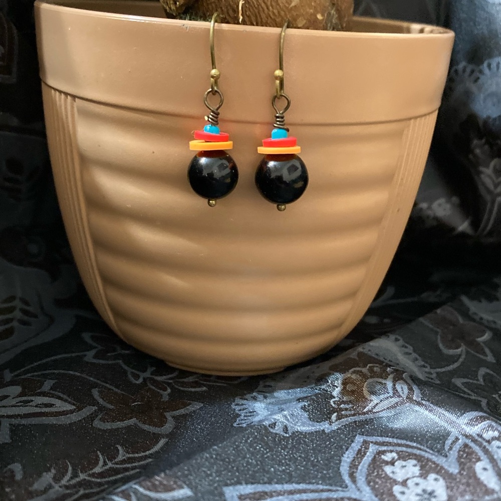 Onyx and Turquoise Artisan Colorful Beaded Drop Earrings